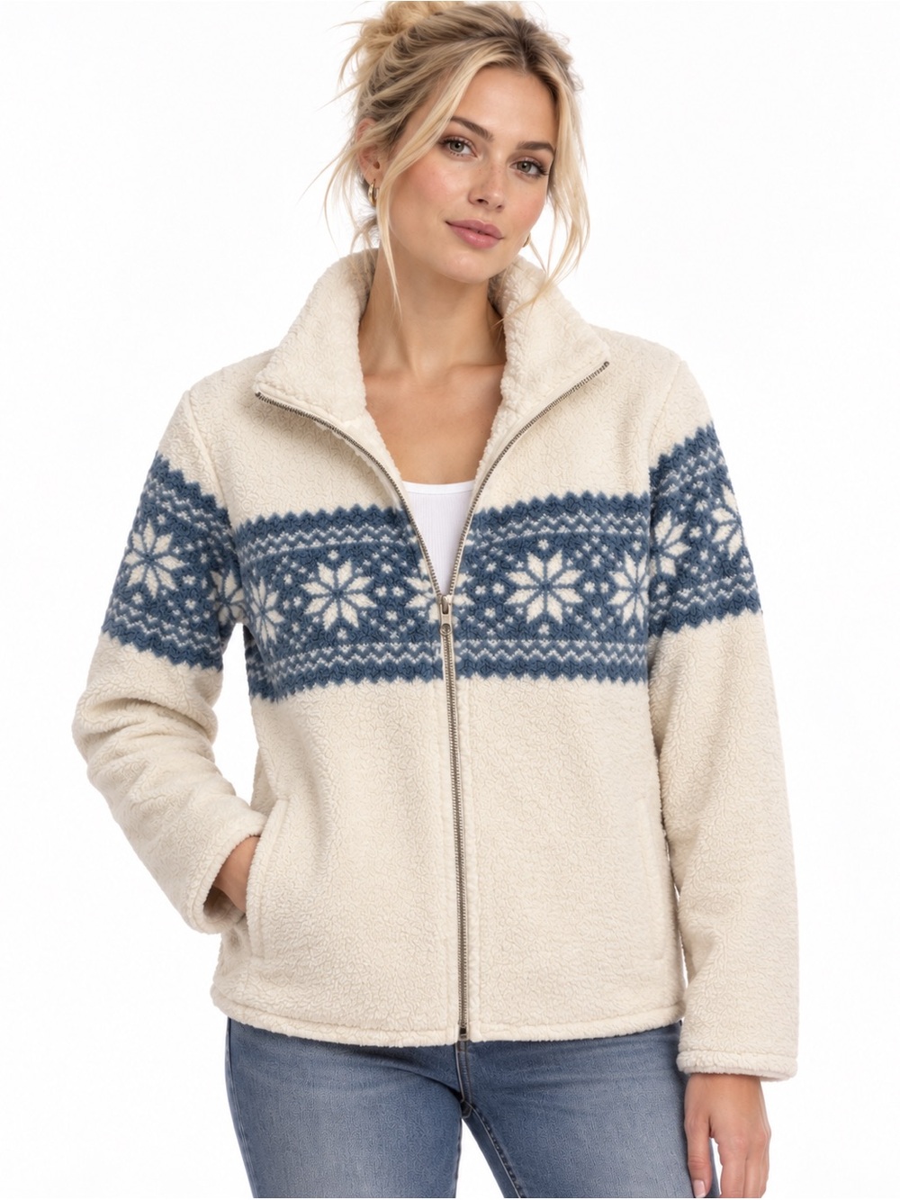 Cream Sherpa Zip Jacket with Blue Fair Isle Yoke